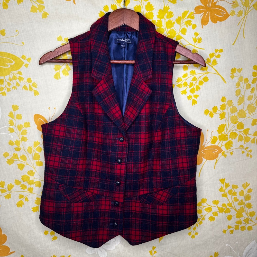 Chadwicks of Boston Plaid Wool Blend Vest Red Navy Blue Size 12 Daek Academia